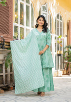 Juniper Green Ethnic Motif Printed Viscose Kurta Palazzo And Dupatta Set With Thread Work & Sequins | Grocsy