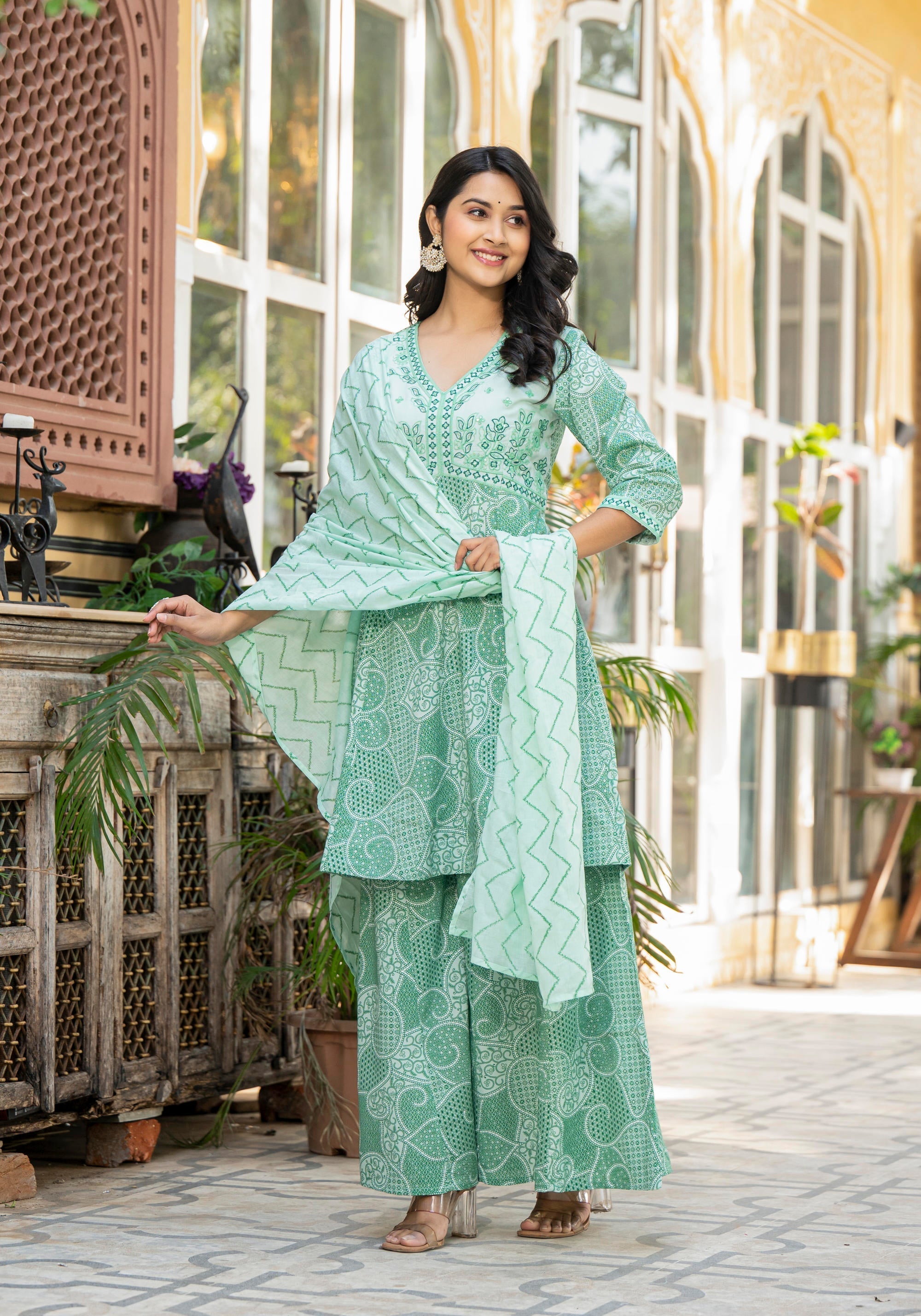Juniper Green Ethnic Motif Printed Viscose Kurta Palazzo And Dupatta Set With Thread Work & Sequins | Grocsy