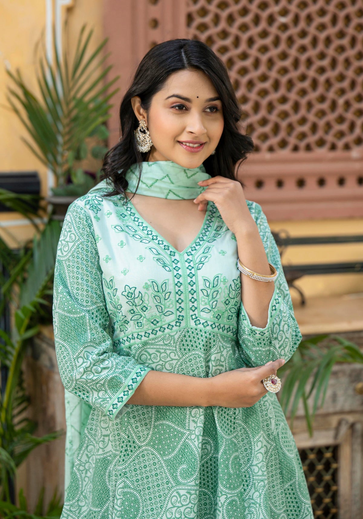Juniper Green Ethnic Motif Printed Viscose Kurta Palazzo And Dupatta Set With Thread Work & Sequins | Grocsy