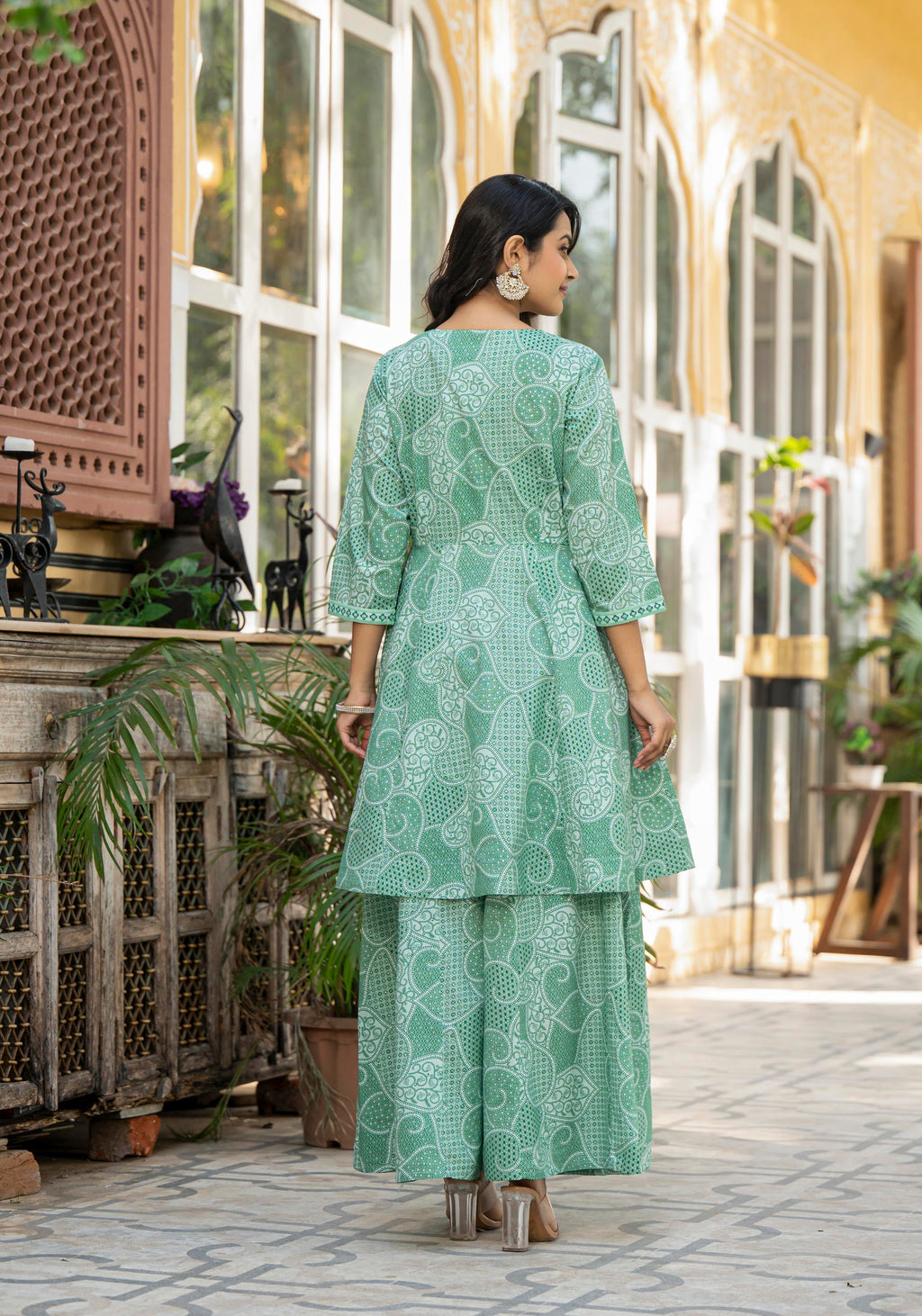Juniper Green Ethnic Motif Printed Viscose Kurta Palazzo And Dupatta Set With Thread Work & Sequins | Grocsy