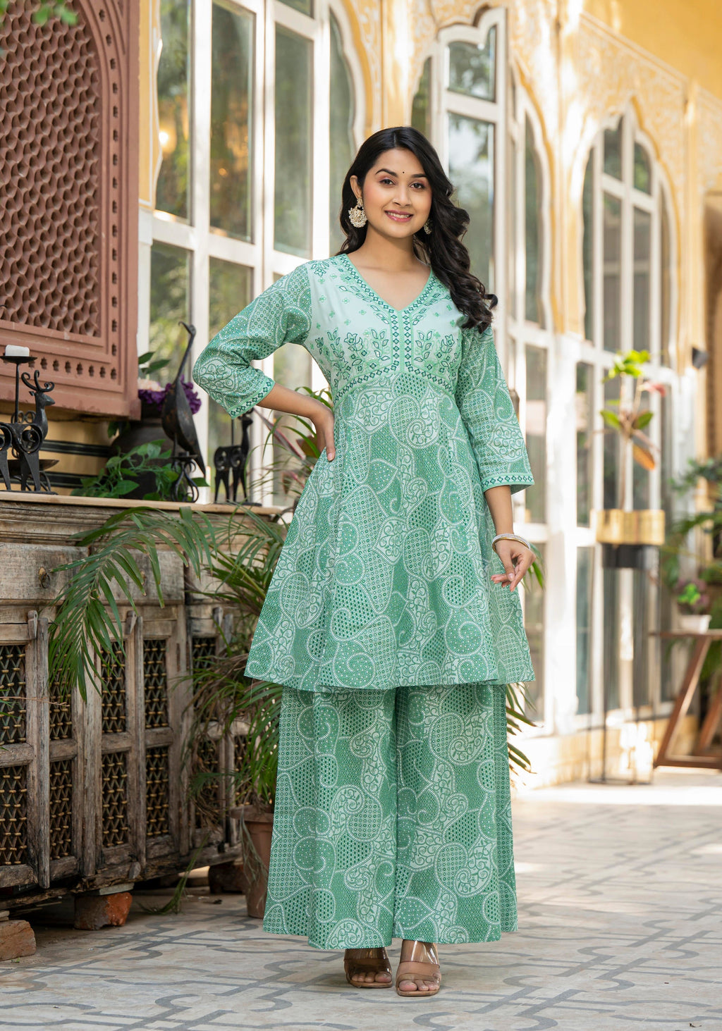 Juniper Green Ethnic Motif Printed Viscose Kurta Palazzo And Dupatta Set With Thread Work & Sequins | Grocsy