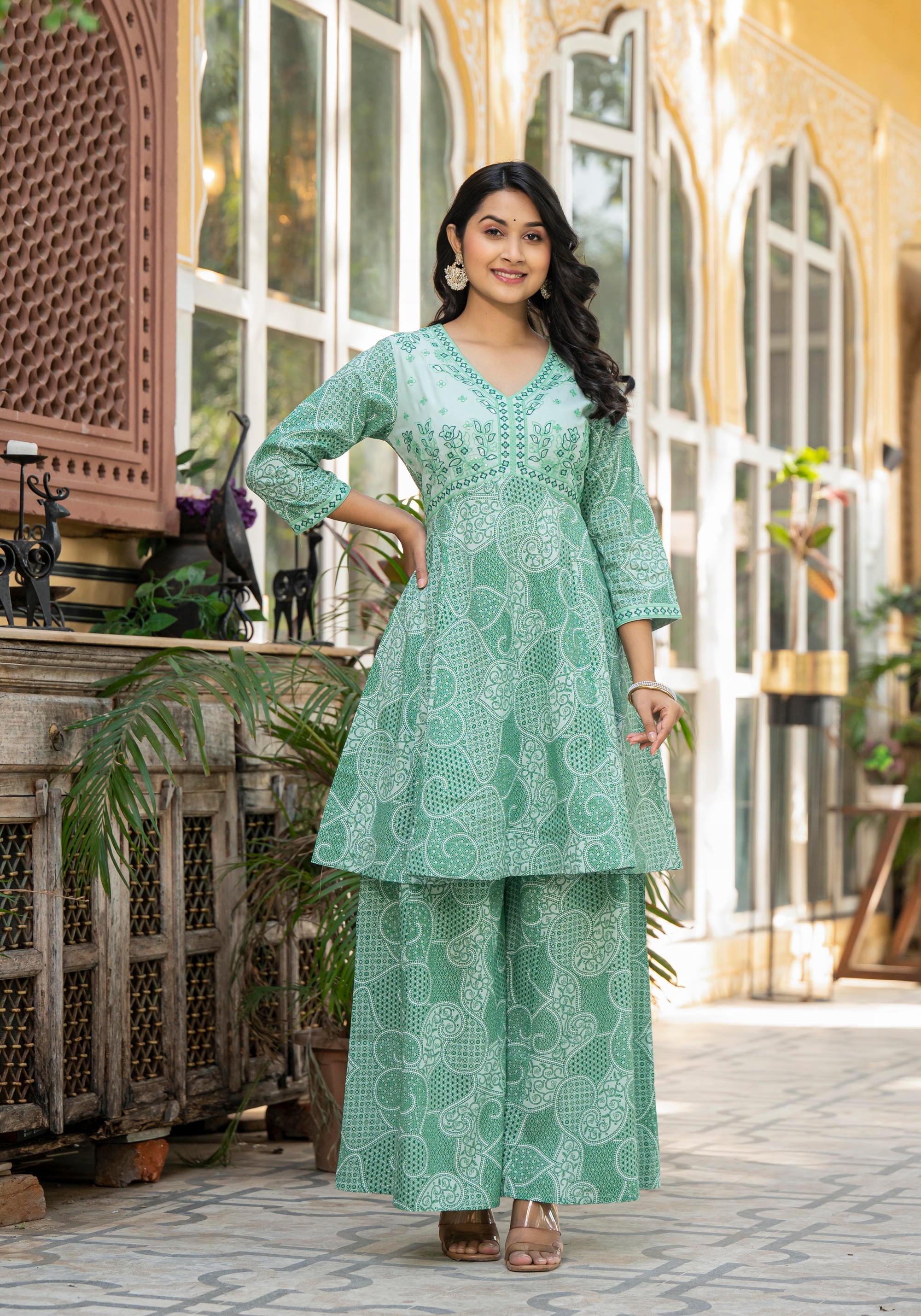 Juniper Green Ethnic Motif Printed Viscose Kurta Palazzo And Dupatta Set With Thread Work & Sequins | Grocsy