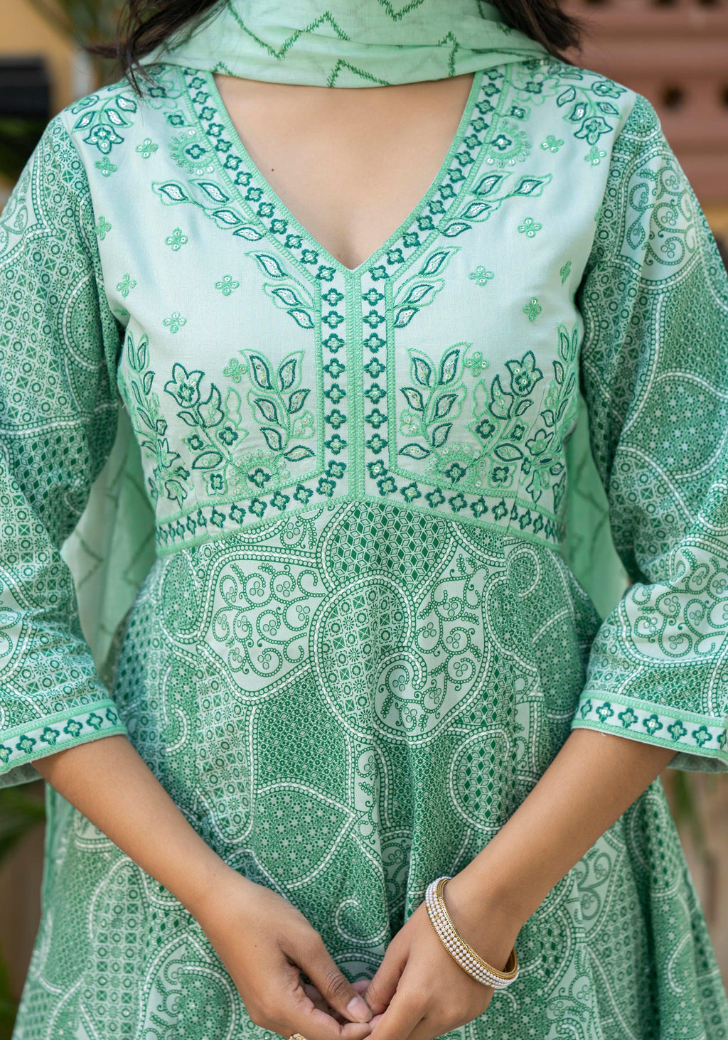 Juniper Green Ethnic Motif Printed Viscose Kurta Palazzo And Dupatta Set With Thread Work & Sequins | Grocsy