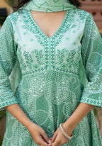 Juniper Green Ethnic Motif Printed Viscose Kurta Palazzo And Dupatta Set With Thread Work & Sequins | Grocsy