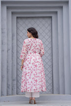 Juniper White & Pink Floral Printed Cotton Kurta Set With Thread & Mirror Work | Grocsy