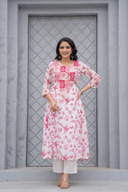 Juniper White & Pink Floral Printed Cotton Kurta Set With Thread & Mirror Work | Grocsy