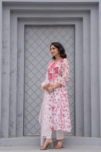 Juniper White & Pink Floral Printed Cotton Kurta Set With Thread & Mirror Work | Grocsy