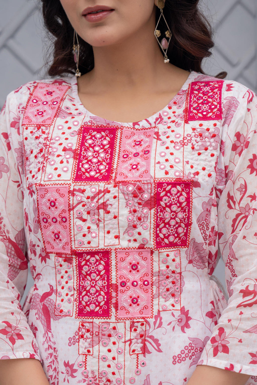 Juniper White & Pink Floral Printed Cotton Kurta Set With Thread & Mirror Work | Grocsy