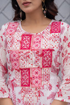 Juniper White & Pink Floral Printed Cotton Kurta Set With Thread & Mirror Work | Grocsy