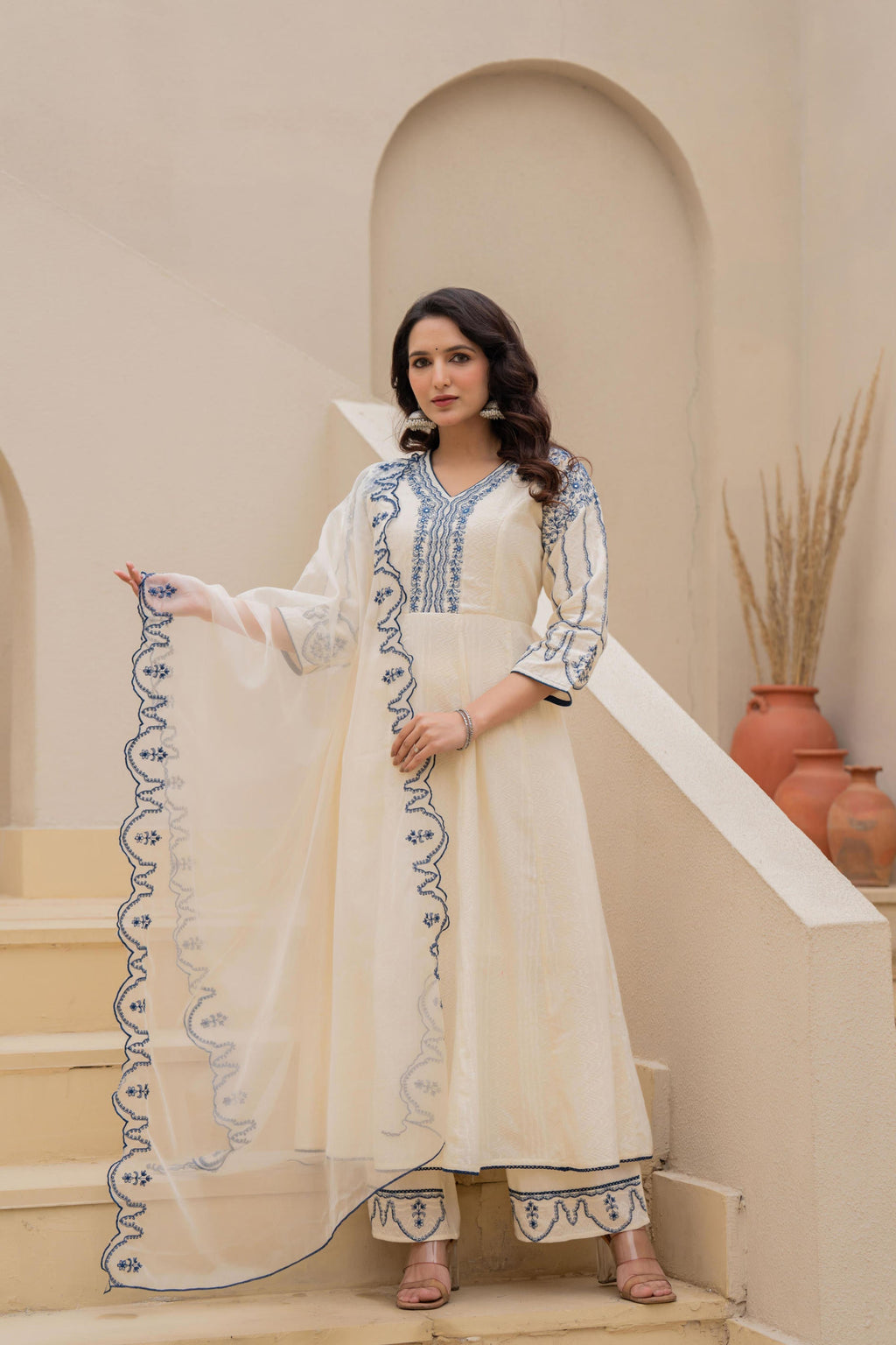 Juniper Off-white Anarkali Kurta Set with Blue Embroidery and Organza Dupatta | Grocsy