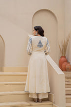 Juniper Off-white Anarkali Kurta Set with Blue Embroidery and Organza Dupatta | Grocsy