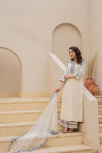 Juniper Off-white Anarkali Kurta Set with Blue Embroidery and Organza Dupatta | Grocsy