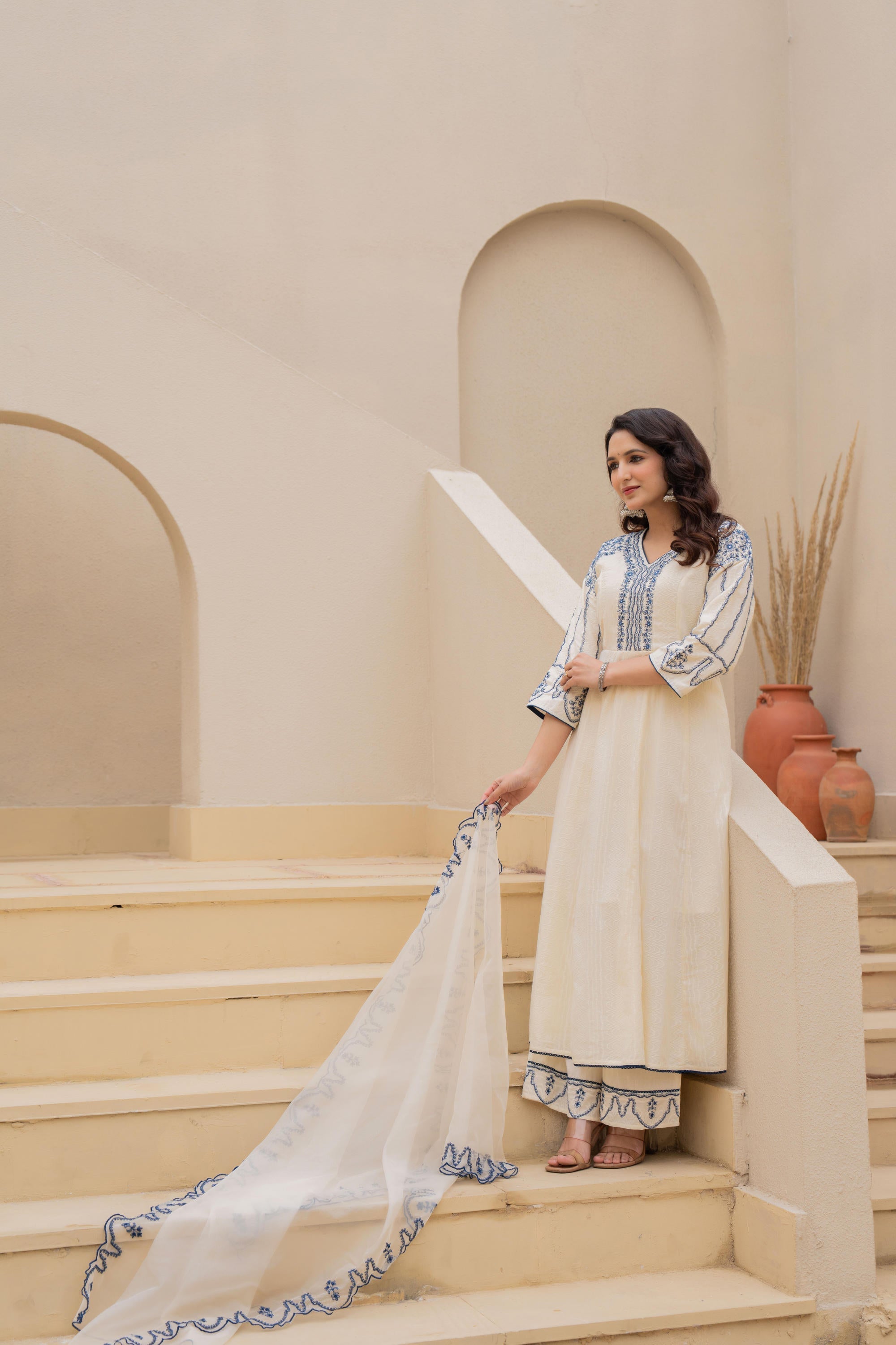 Juniper Off-white Anarkali Kurta Set with Blue Embroidery and Organza Dupatta | Grocsy