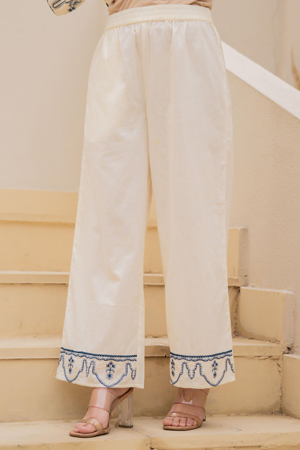 Juniper Off-white Anarkali Kurta Set with Blue Embroidery and Organza Dupatta | Grocsy