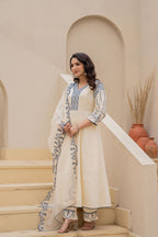Juniper Off-White Anarkali Kurta Set With Blue Embroidery And Organza Dupatta | Grocsy