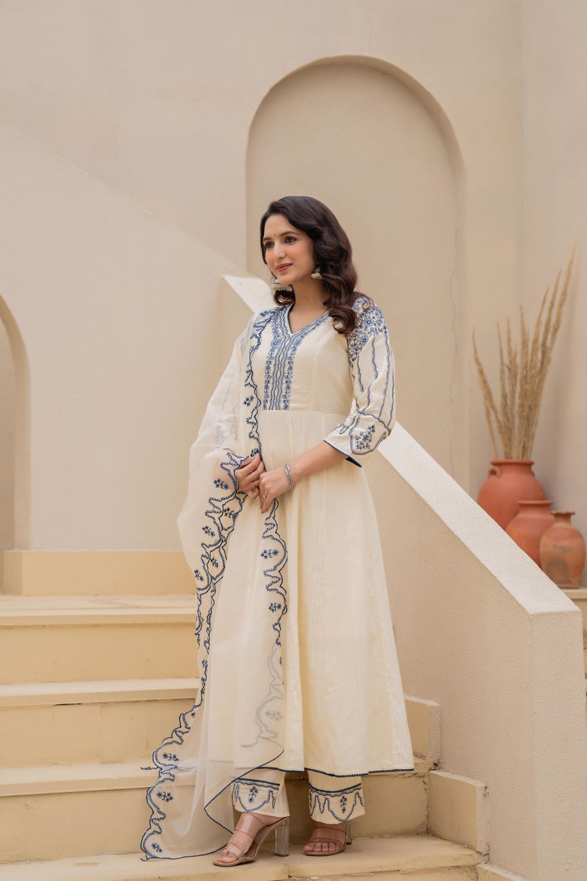 Juniper Off-White Anarkali Kurta Set With Blue Embroidery And Organza Dupatta | Grocsy