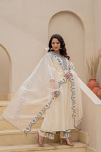 Juniper Off-white Anarkali Kurta Set with Blue Embroidery and Organza Dupatta | Grocsy