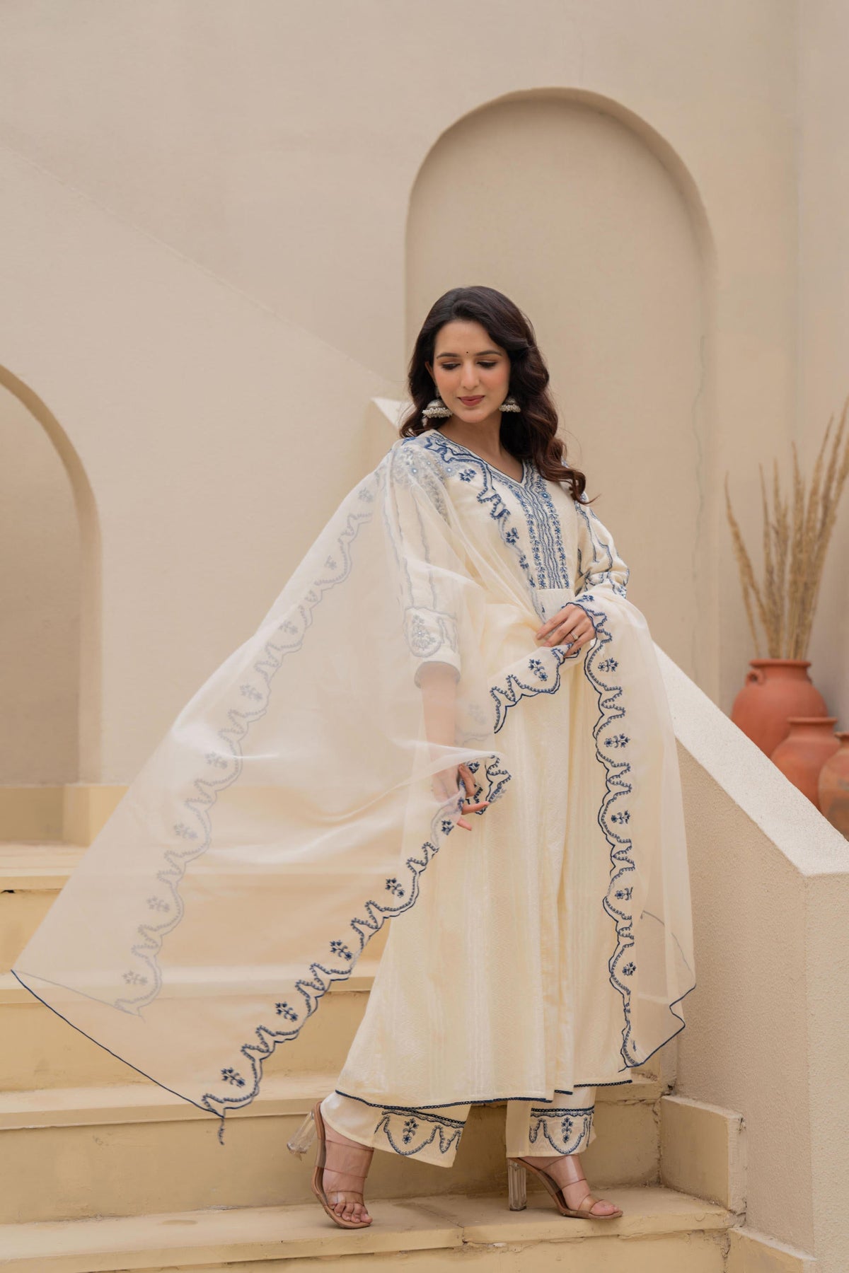 Juniper Off-white Anarkali Kurta Set with Blue Embroidery and Organza Dupatta | Grocsy