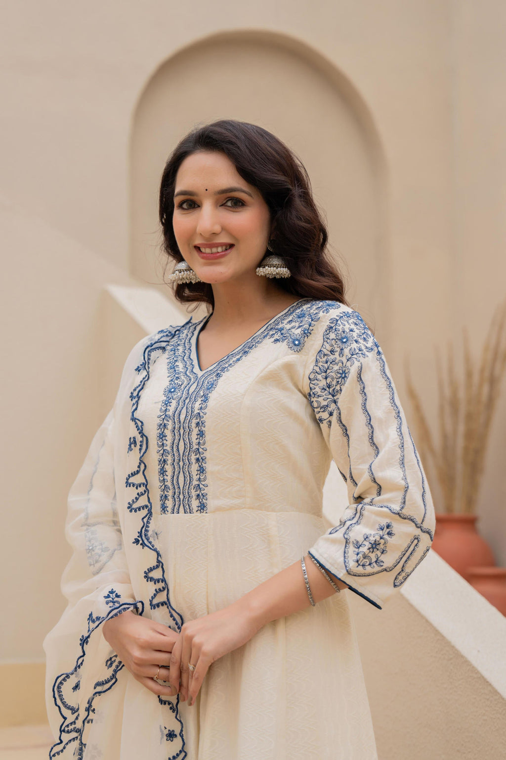Juniper Off-white Anarkali Kurta Set with Blue Embroidery and Organza Dupatta | Grocsy