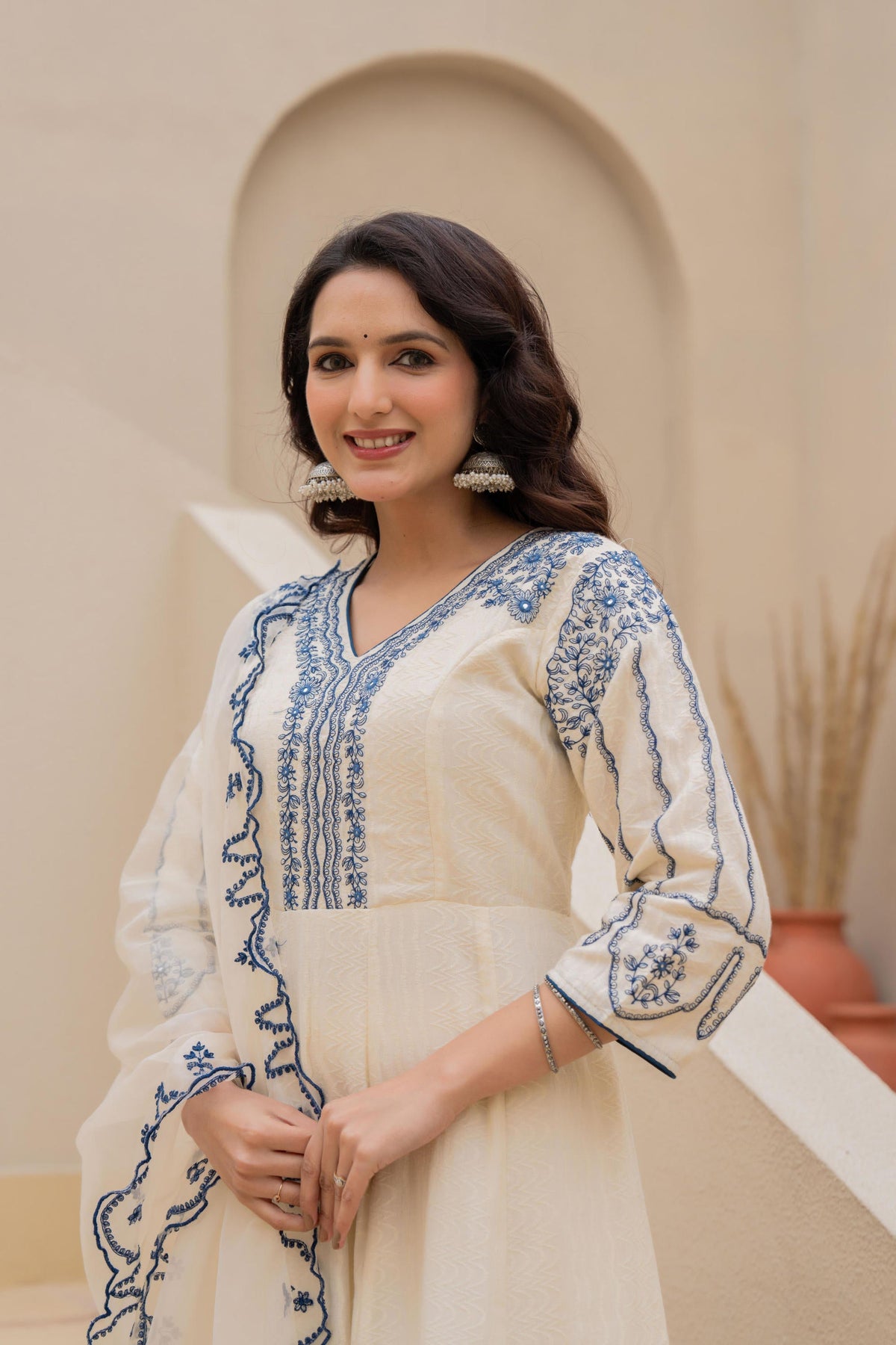 Juniper Off-white Anarkali Kurta Set with Blue Embroidery and Organza Dupatta | Grocsy