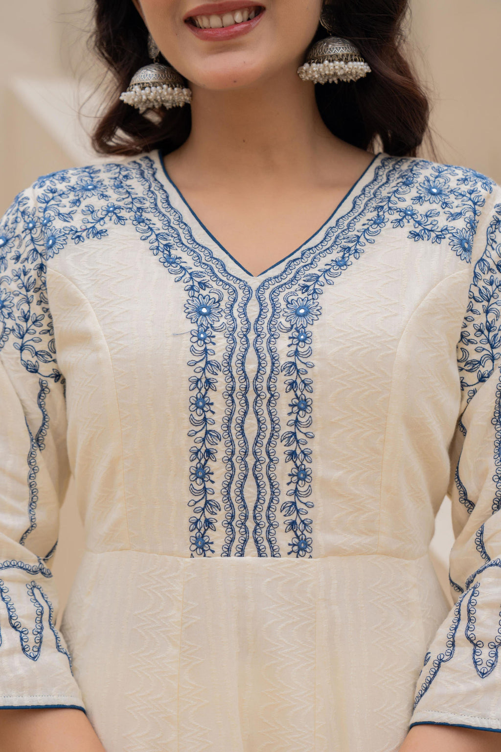 Juniper Off-white Anarkali Kurta Set with Blue Embroidery and Organza Dupatta | Grocsy