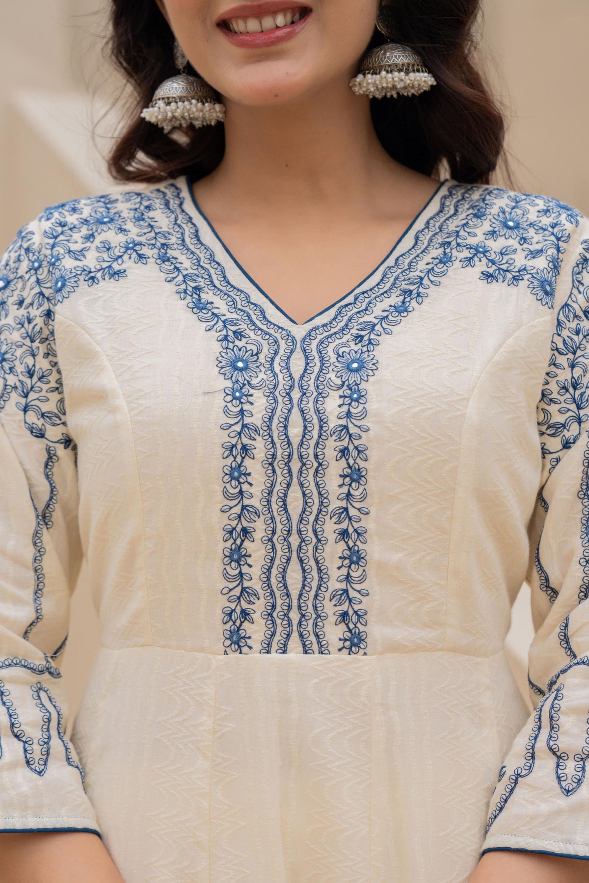Juniper Off-white Anarkali Kurta Set with Blue Embroidery and Organza Dupatta | Grocsy