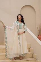Juniper Off-white Anarkali Kurta Set with Green Embroidery and Organza Dupatta | Grocsy