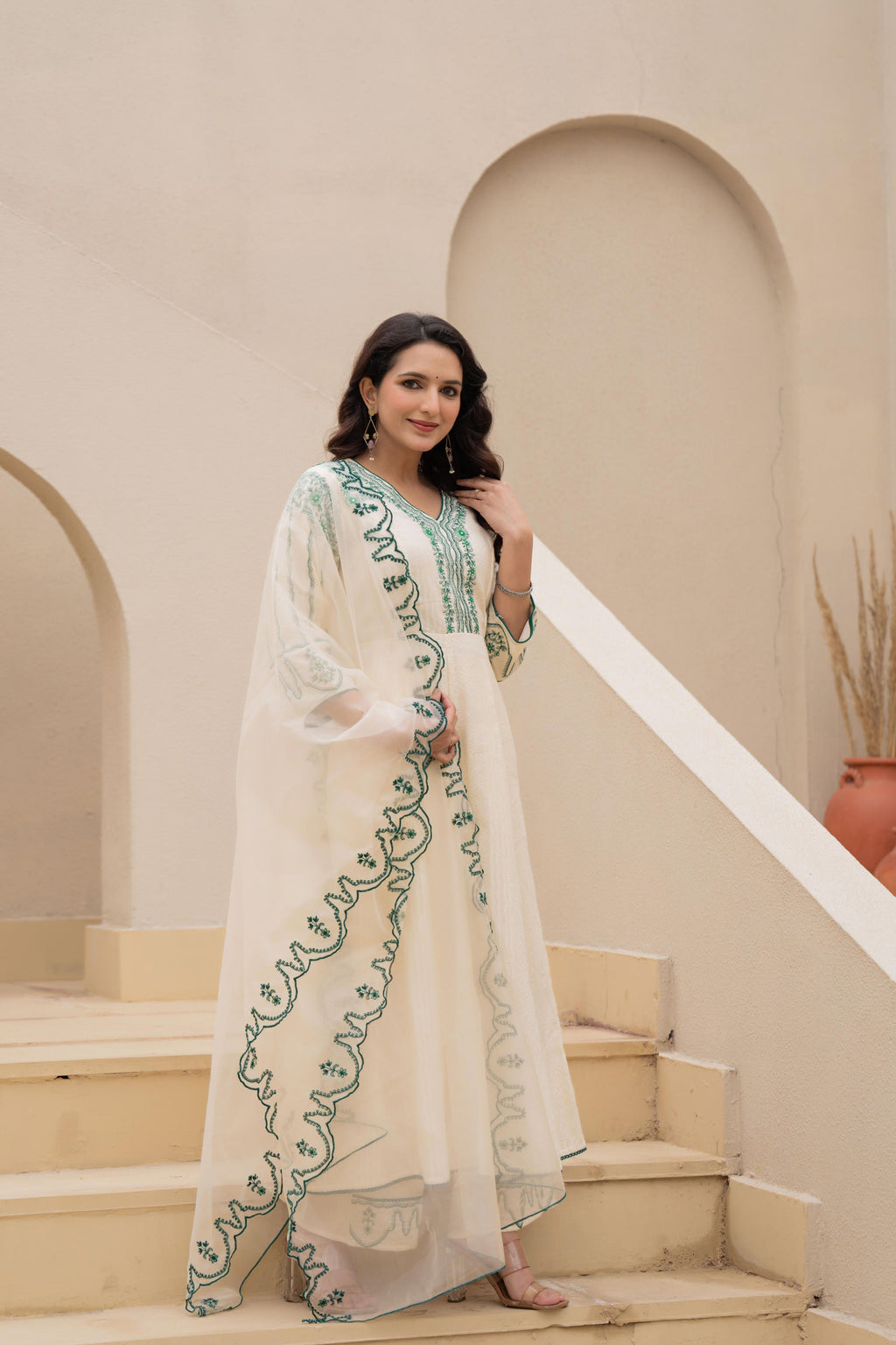 Juniper Off-white Anarkali Kurta Set with Green Embroidery and Organza Dupatta | Grocsy