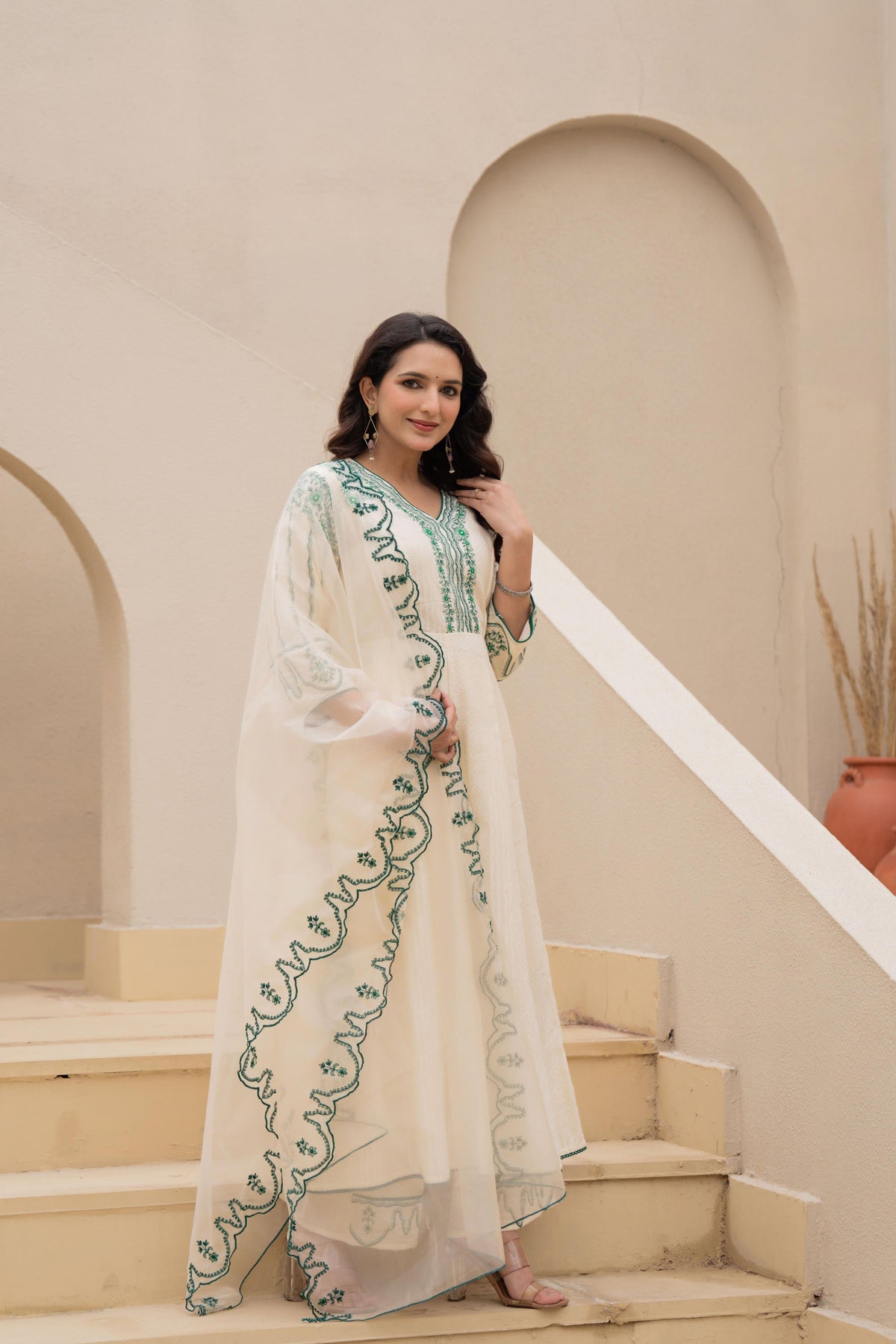 Juniper Off-white Anarkali Kurta Set with Green Embroidery and Organza Dupatta | Grocsy