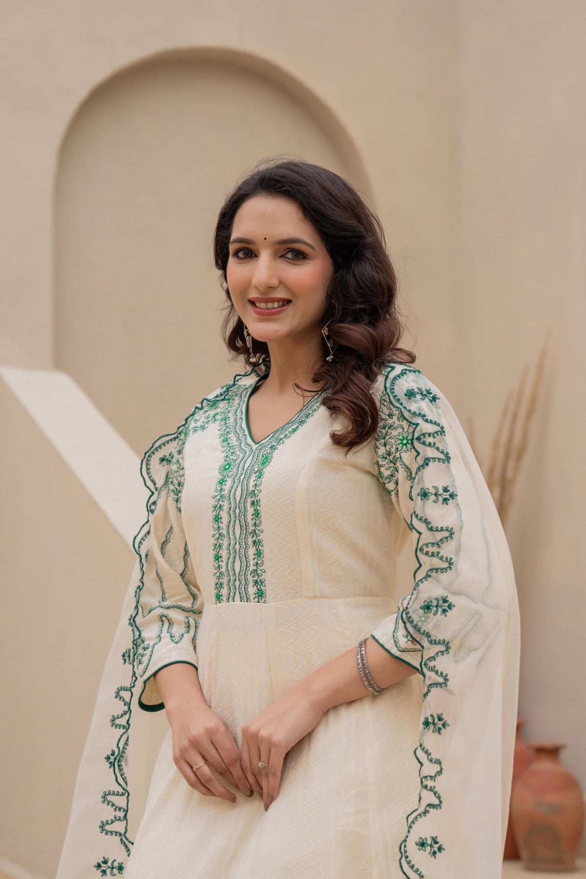 Juniper Off-white Anarkali Kurta Set with Green Embroidery and Organza Dupatta | Grocsy