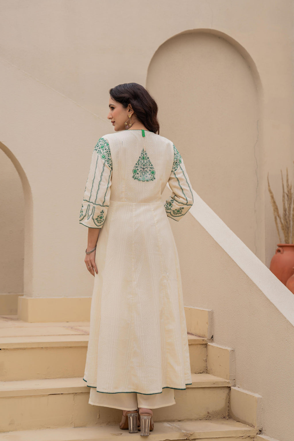 Juniper Off-white Anarkali Kurta Set with Green Embroidery and Organza Dupatta | Grocsy