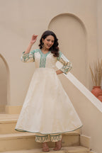 Juniper Off-white Anarkali Kurta Set with Green Embroidery and Organza Dupatta | Grocsy