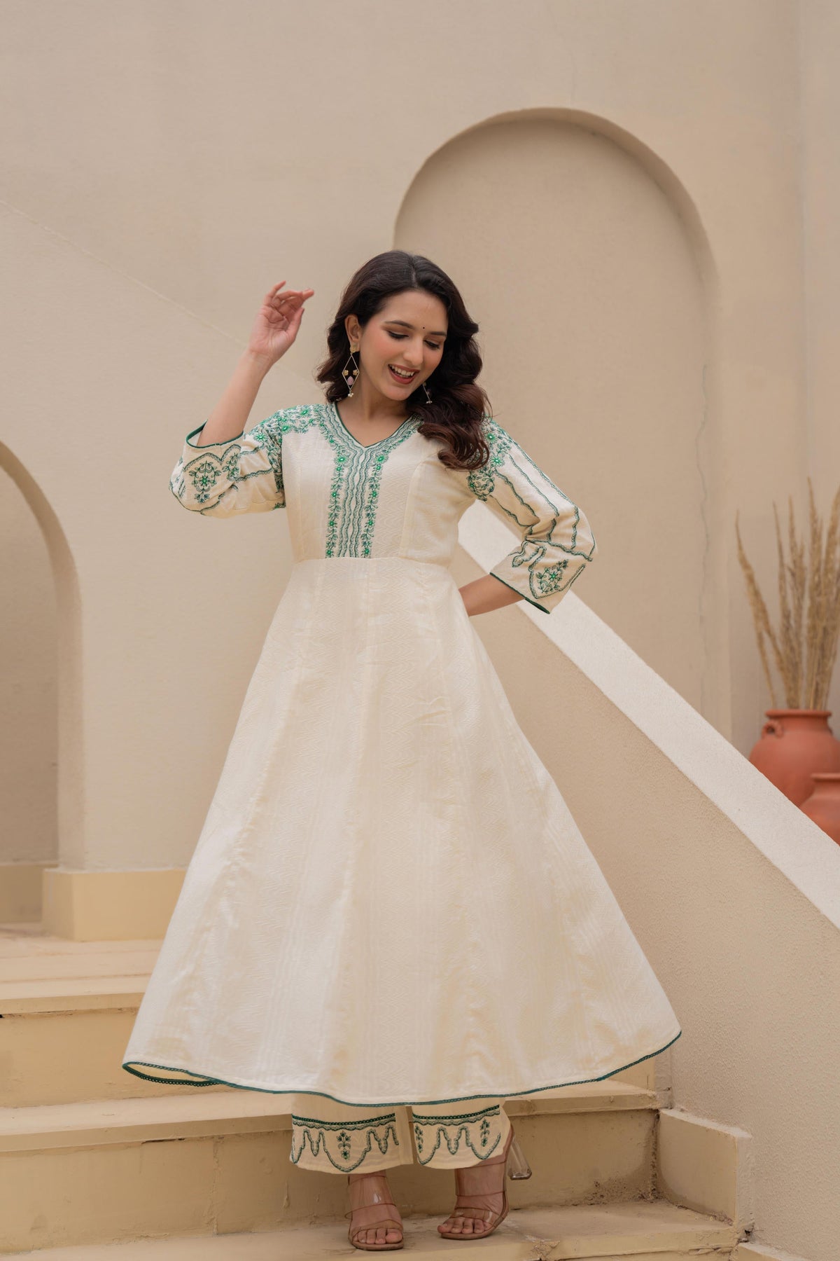 Juniper Off-white Anarkali Kurta Set with Green Embroidery and Organza Dupatta | Grocsy