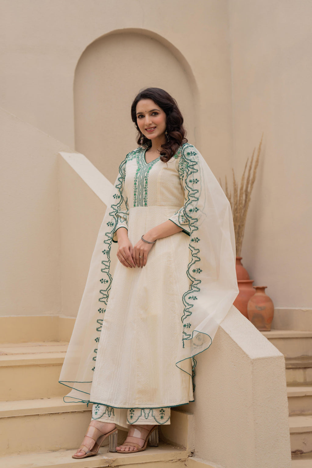 Juniper Off-white Anarkali Kurta Set with Green Embroidery and Organza Dupatta | Grocsy