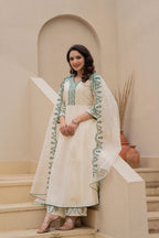 Juniper Off-white Anarkali Kurta Set with Green Embroidery and Organza Dupatta | Grocsy