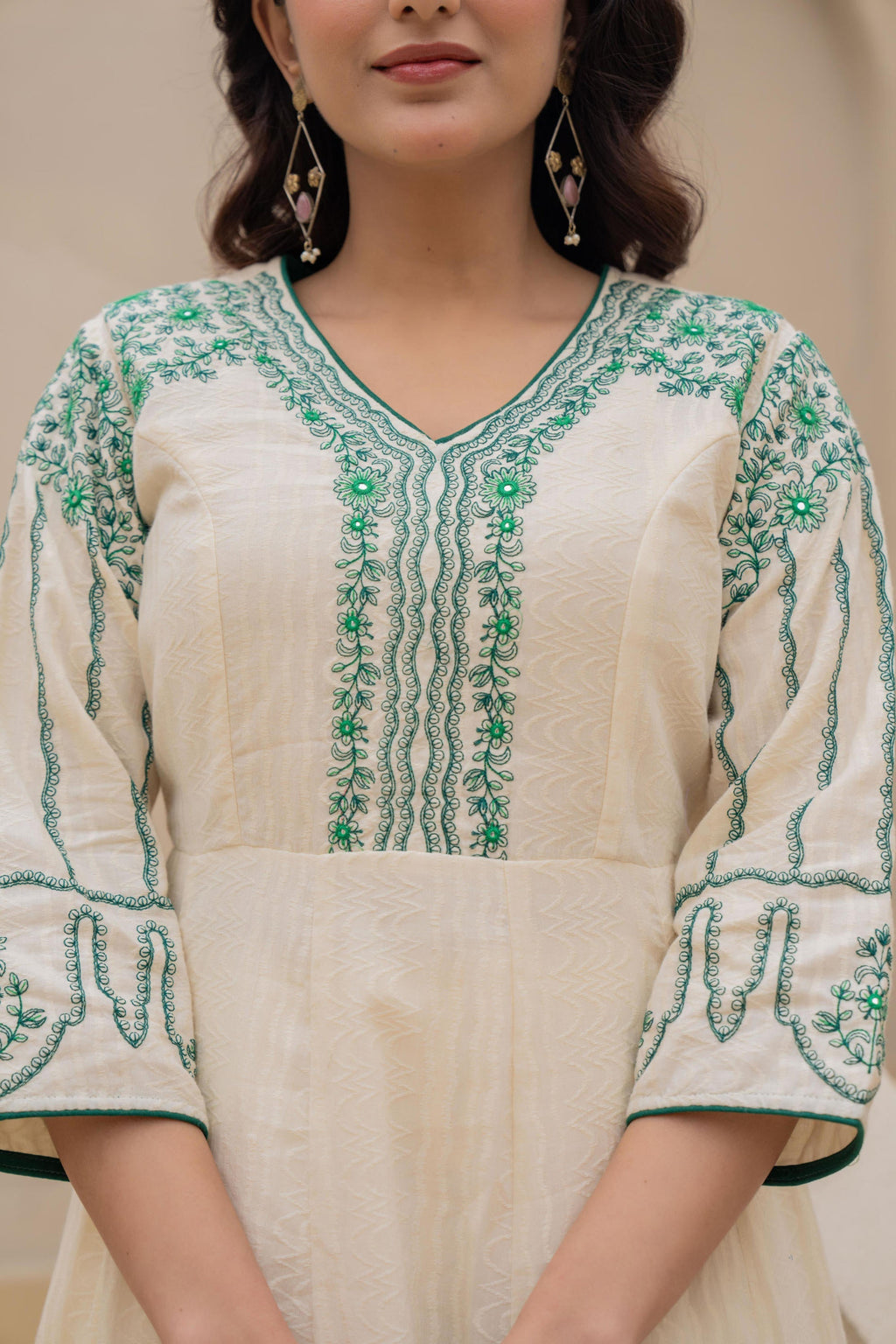 Juniper Off-white Anarkali Kurta Set with Green Embroidery and Organza Dupatta | Grocsy