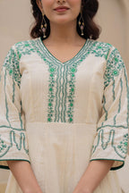 Juniper Off-white Anarkali Kurta Set with Green Embroidery and Organza Dupatta | Grocsy