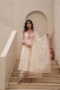 Juniper Off-White Anarkali Kurta Set With Red Embroidery And Organza Dupatta | Grocsy