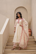 Juniper Off-White Anarkali Kurta Set With Red Embroidery And Organza Dupatta | Grocsy