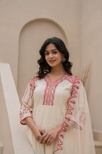 Juniper Off-White Anarkali Kurta Set With Red Embroidery And Organza Dupatta | Grocsy