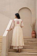 Juniper Off-white Anarkali Kurta Set with Red Embroidery and Organza Dupatta | Grocsy
