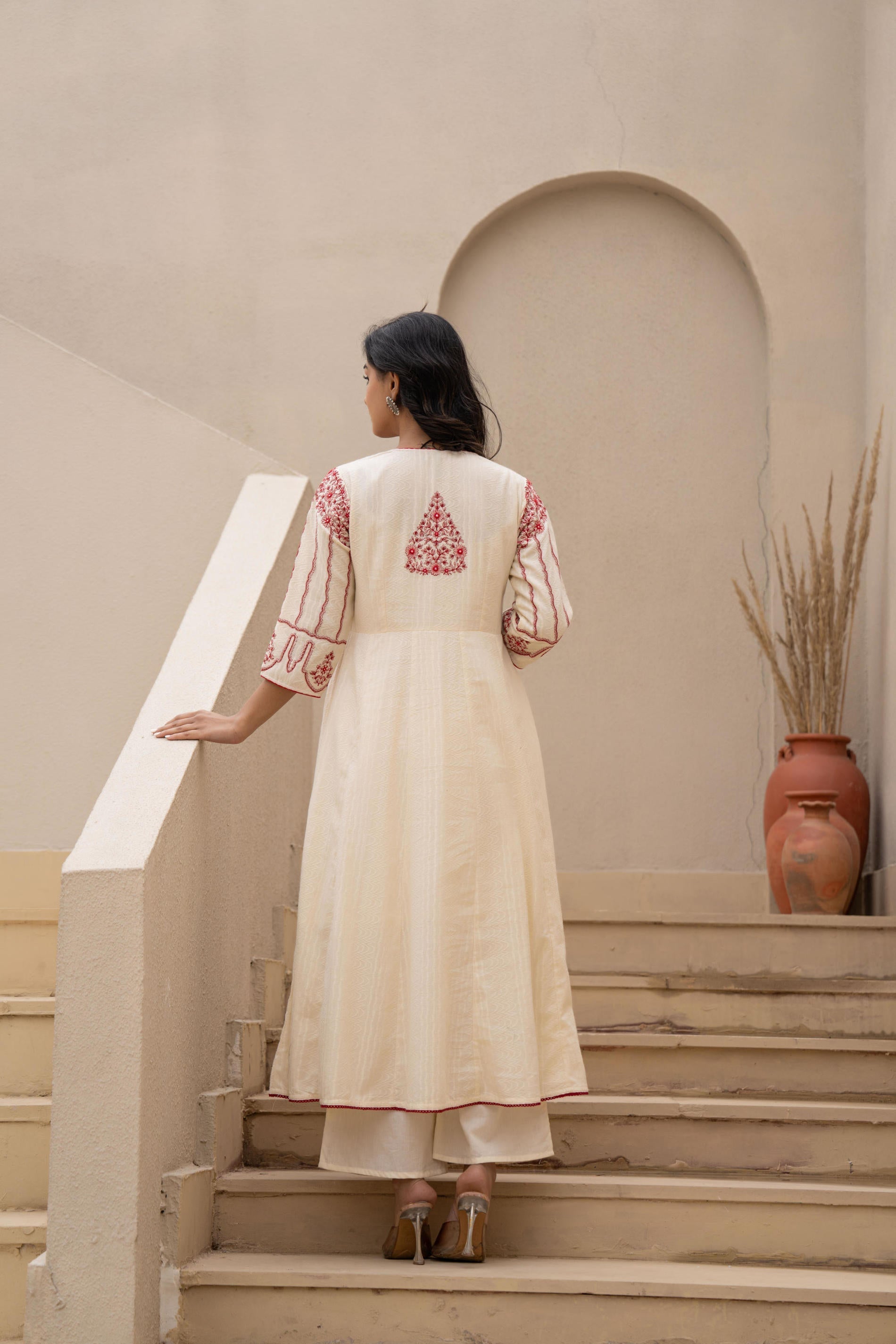 Juniper Off-white Anarkali Kurta Set with Red Embroidery and Organza Dupatta | Grocsy