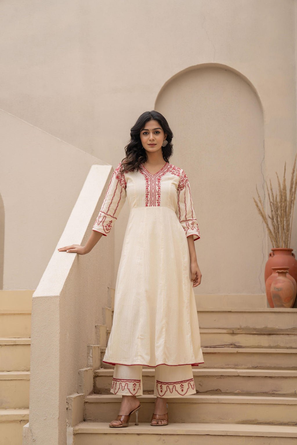 Juniper Off-white Anarkali Kurta Set with Red Embroidery and Organza Dupatta | Grocsy
