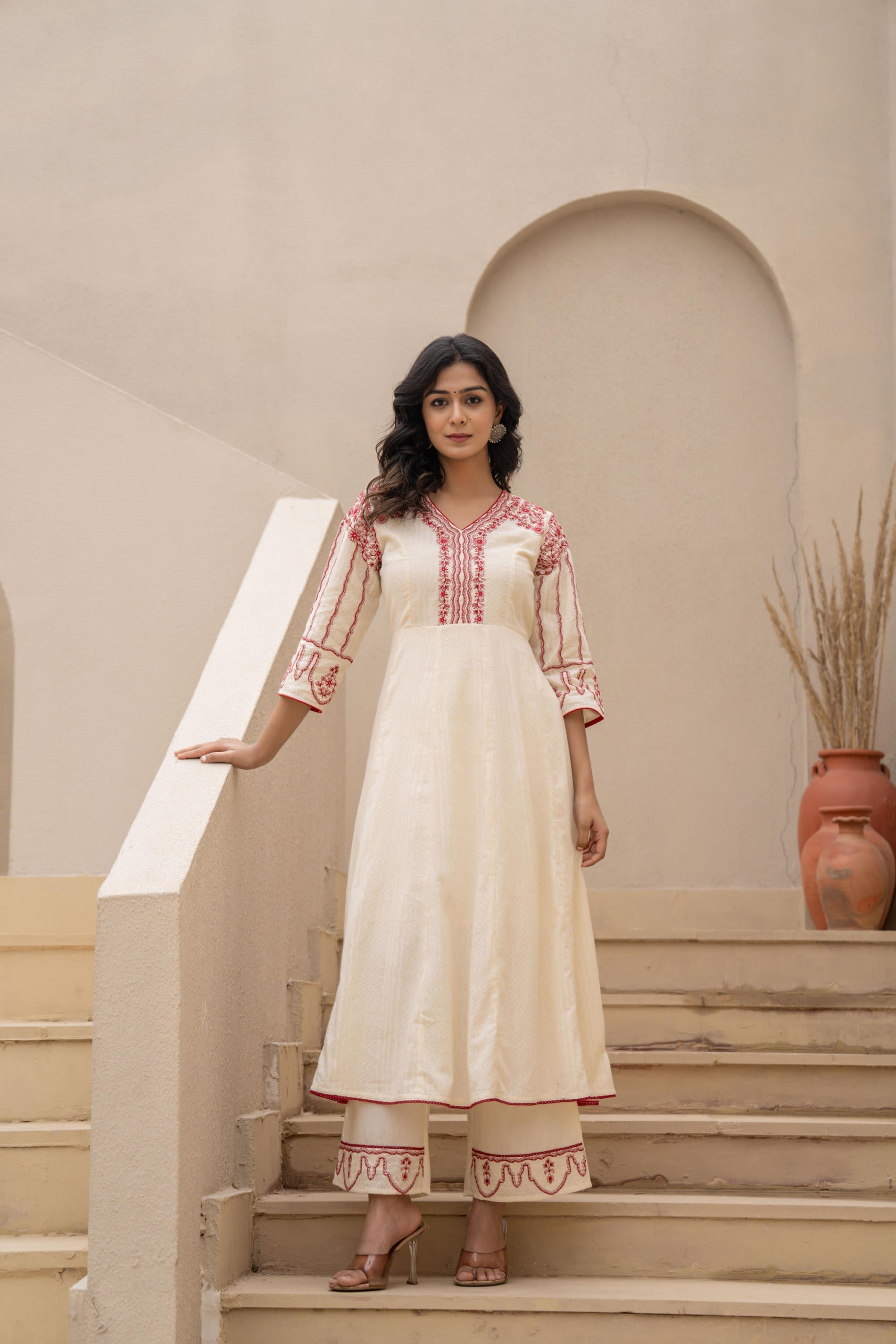 Juniper Off-white Anarkali Kurta Set with Red Embroidery and Organza Dupatta | Grocsy