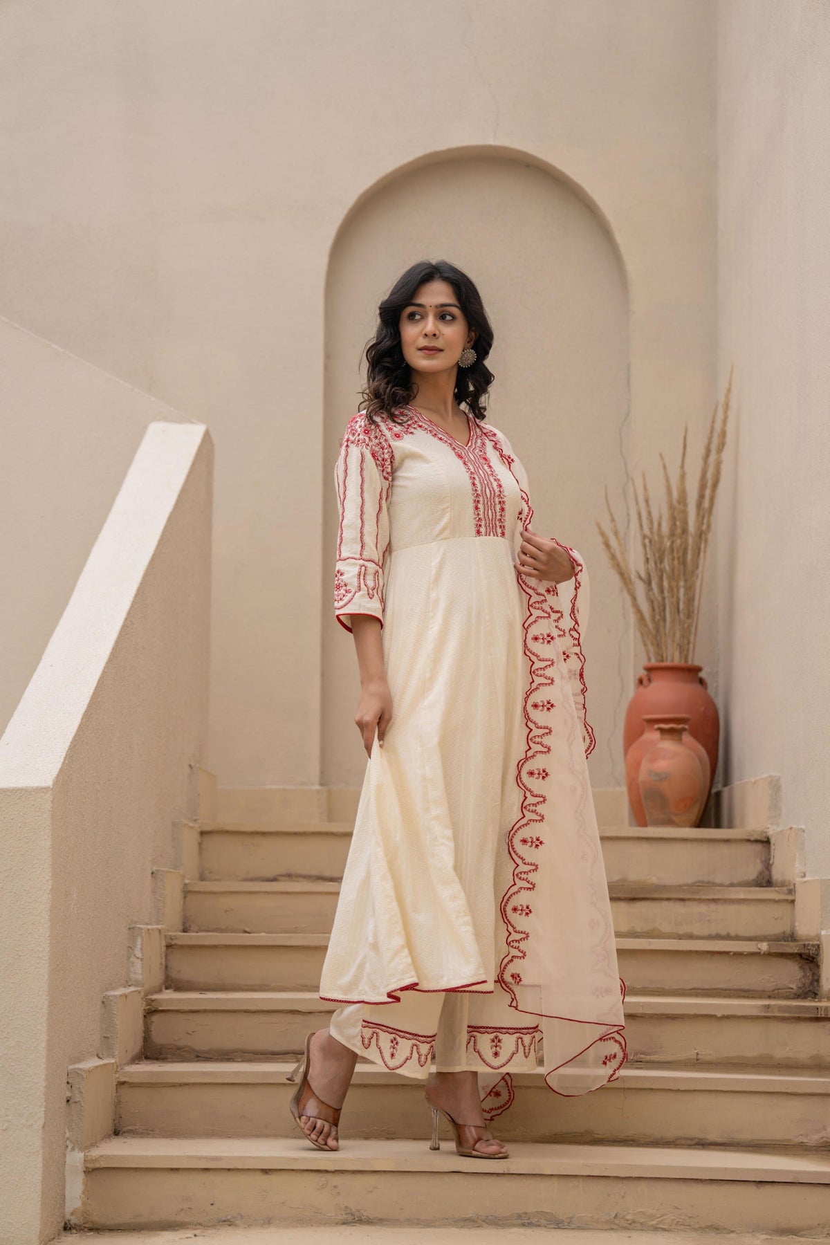 Juniper Off-white Anarkali Kurta Set with Red Embroidery and Organza Dupatta | Grocsy