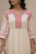 Juniper Off-white Anarkali Kurta Set with Red Embroidery and Organza Dupatta | Grocsy