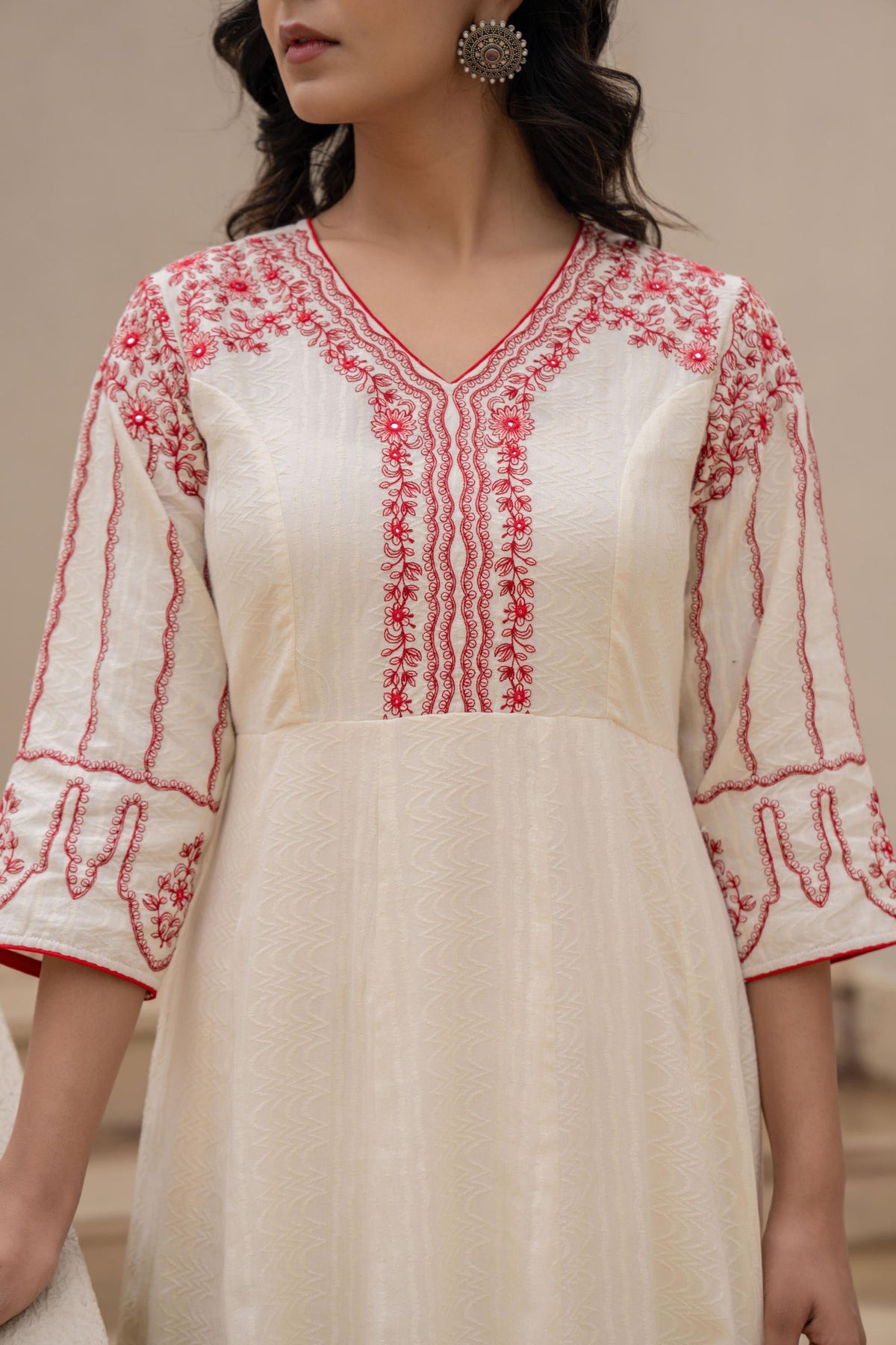 Juniper Off-white Anarkali Kurta Set with Red Embroidery and Organza Dupatta | Grocsy