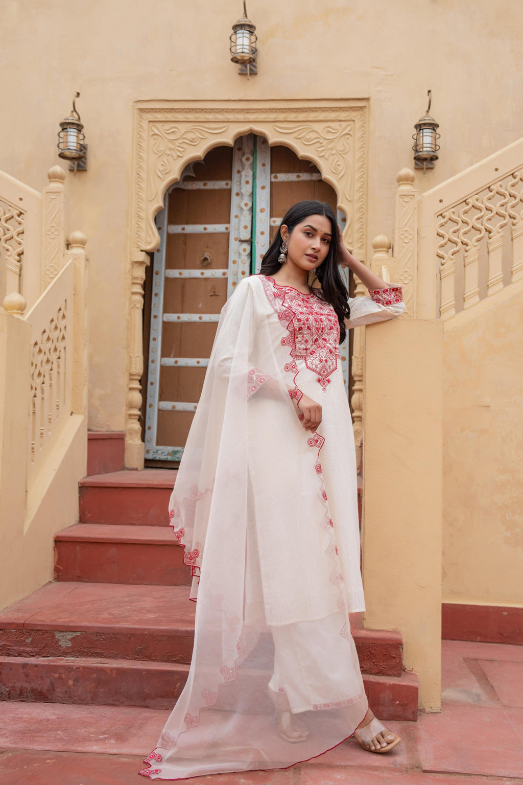 Juniper Off White & Red Solid Cotton Kurta & Pant Set With Dupatta | Grocsy