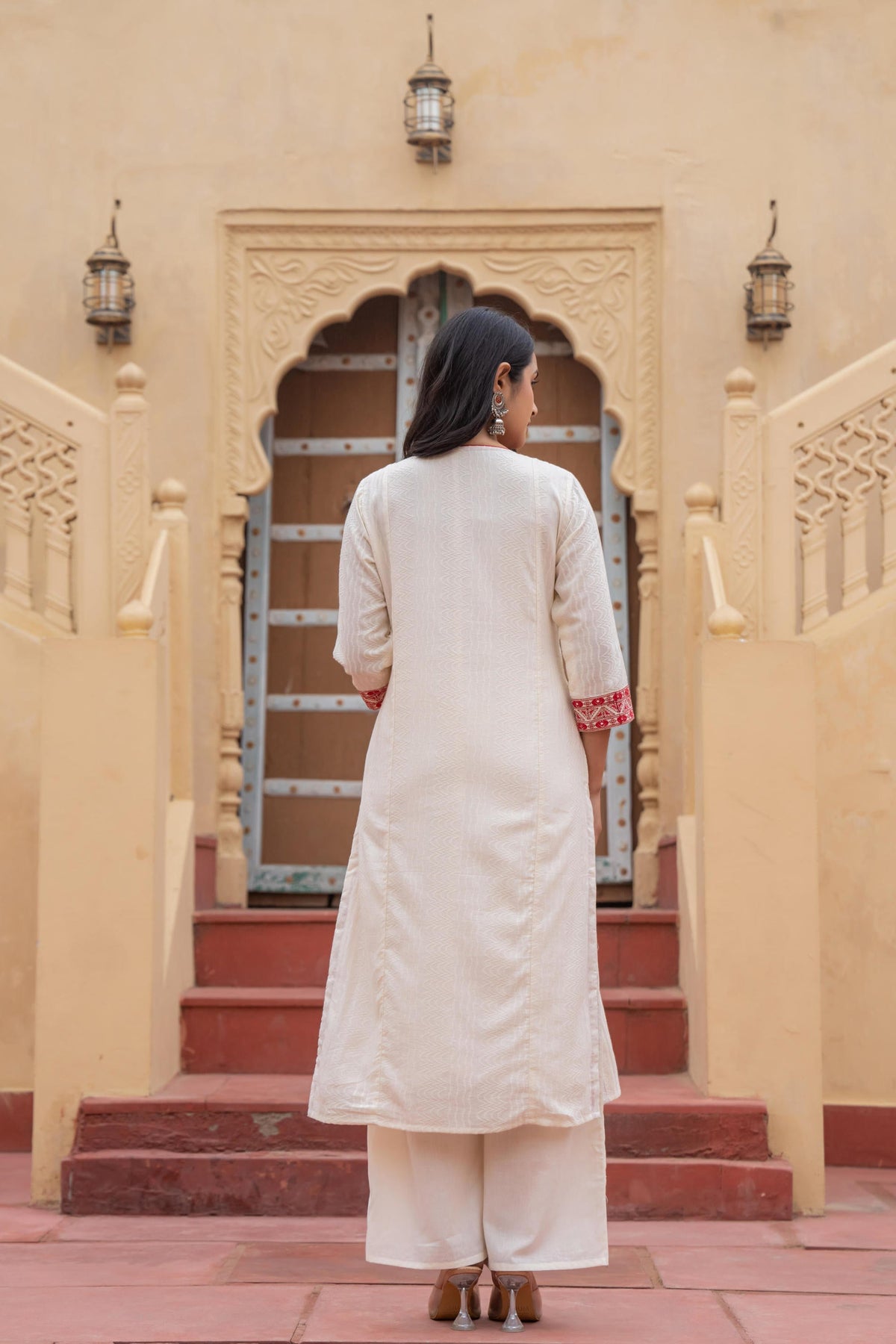 Juniper Off White & Red Solid Cotton Kurta & Pant Set With Dupatta | Grocsy
