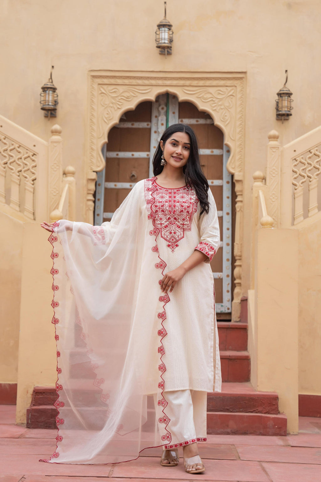 Juniper Off White & Red Solid Cotton Kurta & Pant Set With Dupatta | Grocsy